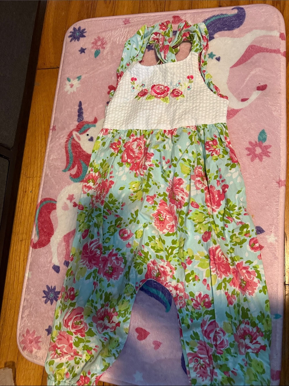 Bonnie Baby Pink and Light Blue Floral Halter Romper